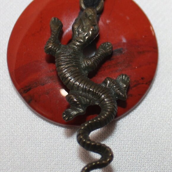 Unisex Red Jasper Gemstone Leather Cord Pendent 30" with Lizard - Picture 10 of 10